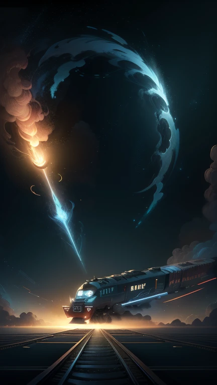 Fantasy,8k,Extremely detailed, masterpiece,High resolution,Highest quality,Increase the resolution,Cinema Lighting,Different space,4 dimensional world,Night on the Galaxy Express,cyber-,light blue body,Train-shaped spaceship,Steam locomotive-type spaceship,Maneuvering with a fusion reactor,30-car train、Run through the space zone,Numerous stars,Many Galaxies,Milky Way,Cruising at the speed of light,Seeing the Earth in the distance,Super Express,Andromeda Galaxy visible,Wide angle of view,Vision,Floating in the air,In the dazzling light,Extremely colorful,The whole carriage is visible,S-shaped,Rail of light,colorful cloud nebula,The whole universe glows blue