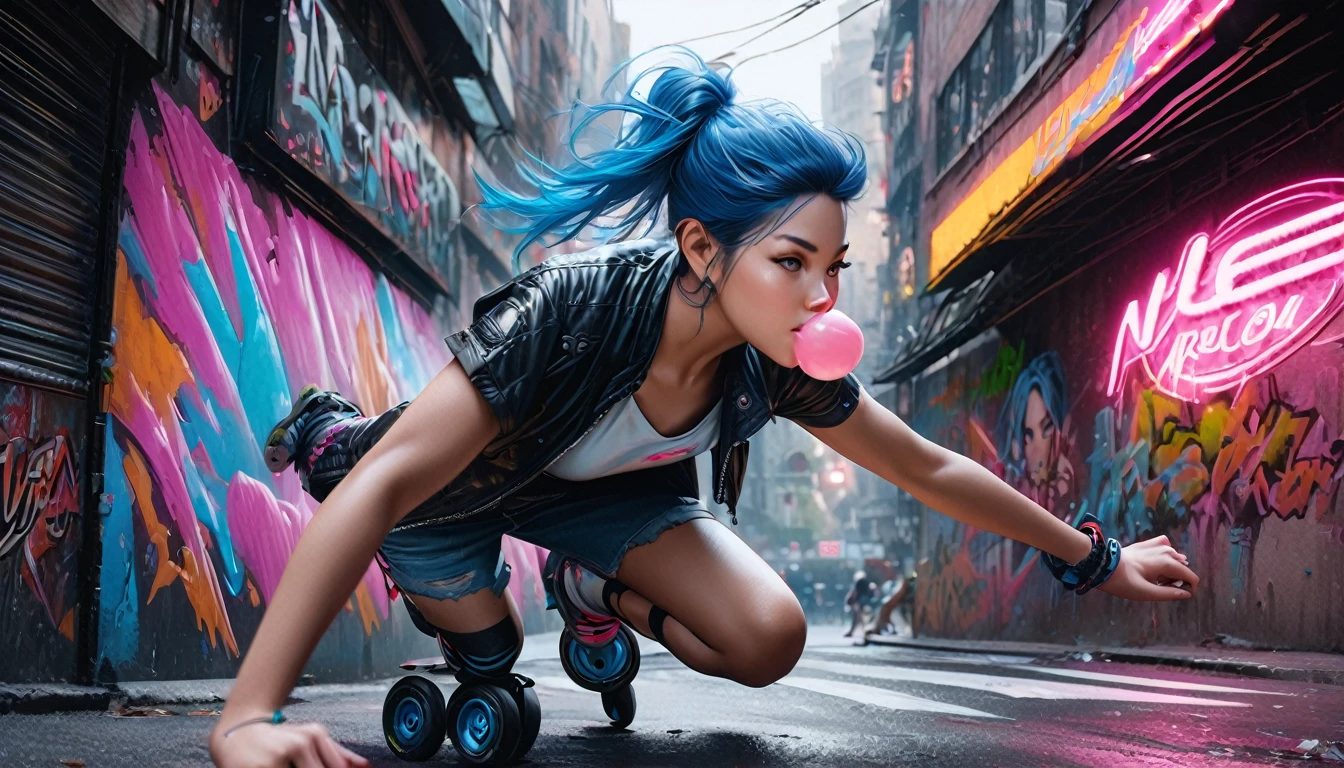 a girl with vibrant blue hair in a futuristic urban setting, neon lights, graffiti, roller blades, flashy fashion, dynamic pose, chewing bubble gum, (best quality,4k,8k,highres,masterpiece:1.2),ultra-detailed,(realistic,photorealistic,photo-realistic:1.37),dynamic scene, vivid colors, neon lights, urban environment, street art, roller blading, futuristic style, stylized character design