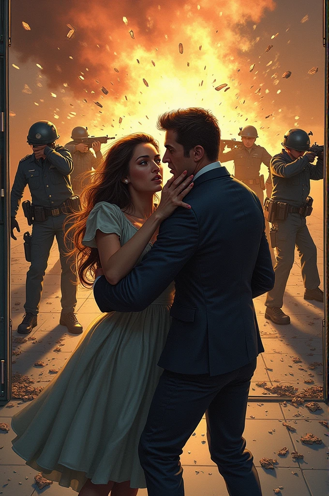 "Draw a intense scene of a couple trapped in the crossfire of a police shootout. The couple should be depicted in a desperate attempt to escape, with fear and panic on their faces. The police officers should be shown in the background, exchanging gunfire with an unseen enemy. The environment should be a gritty, urban landscape with a sense of chaos and destruction. Incorporate details such as shattered glass, bullet holes, and smoke. The couple should be shown trying to protect each other, with their bodies language conveying a sense of love and desperation. The style should be dynamic and action-packed, with a focus on the contrast between the couple's vulnerability and the intensity of the shootout. Use a color palette that evokes a sense of urgency and danger."