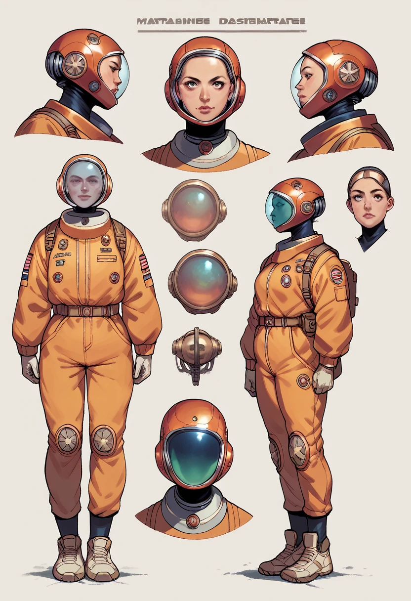 masterpiece, woman space cadet, detailed, extra detail, character sheet, many items