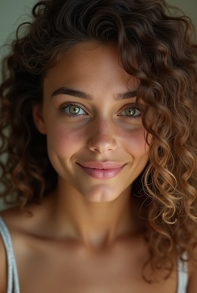 a girl with light brown skin, green eyes and curly brown hair masturbating
