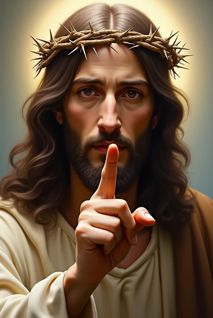 very beautiful face of Jesus with the crown of thorns pointing with his index finger at me