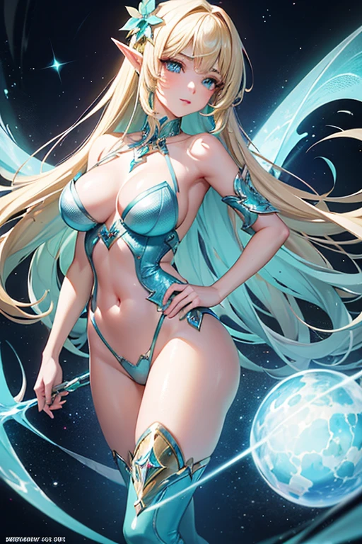 conceptual installation art, (ultra detailed, absolutely resolution, best quality:1.3), 2.5D, fantasy world that combines flower-punk and gem-punk, beauty elf, blonde silky straight hair with blunt bang, (attractive and seductive) and (amorous and lewd) expression, blue big eyes, glamorous proportions, wearing white knight commander costume with a large opening at the chest, background iridescent Tiffany Blue, distorted space from another dimension, delicate and dynamic effects, foggy filter effects, iridescent glitter effects, artistic, hyper, graphic CG digital fantasy art, portrait