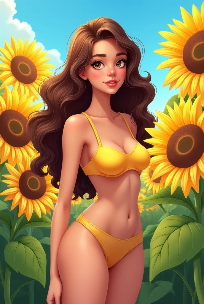 Cartoon white woman with long kinky curly brown hair, hazel eyes, big breasts standing in a sunflower field wearing nothing