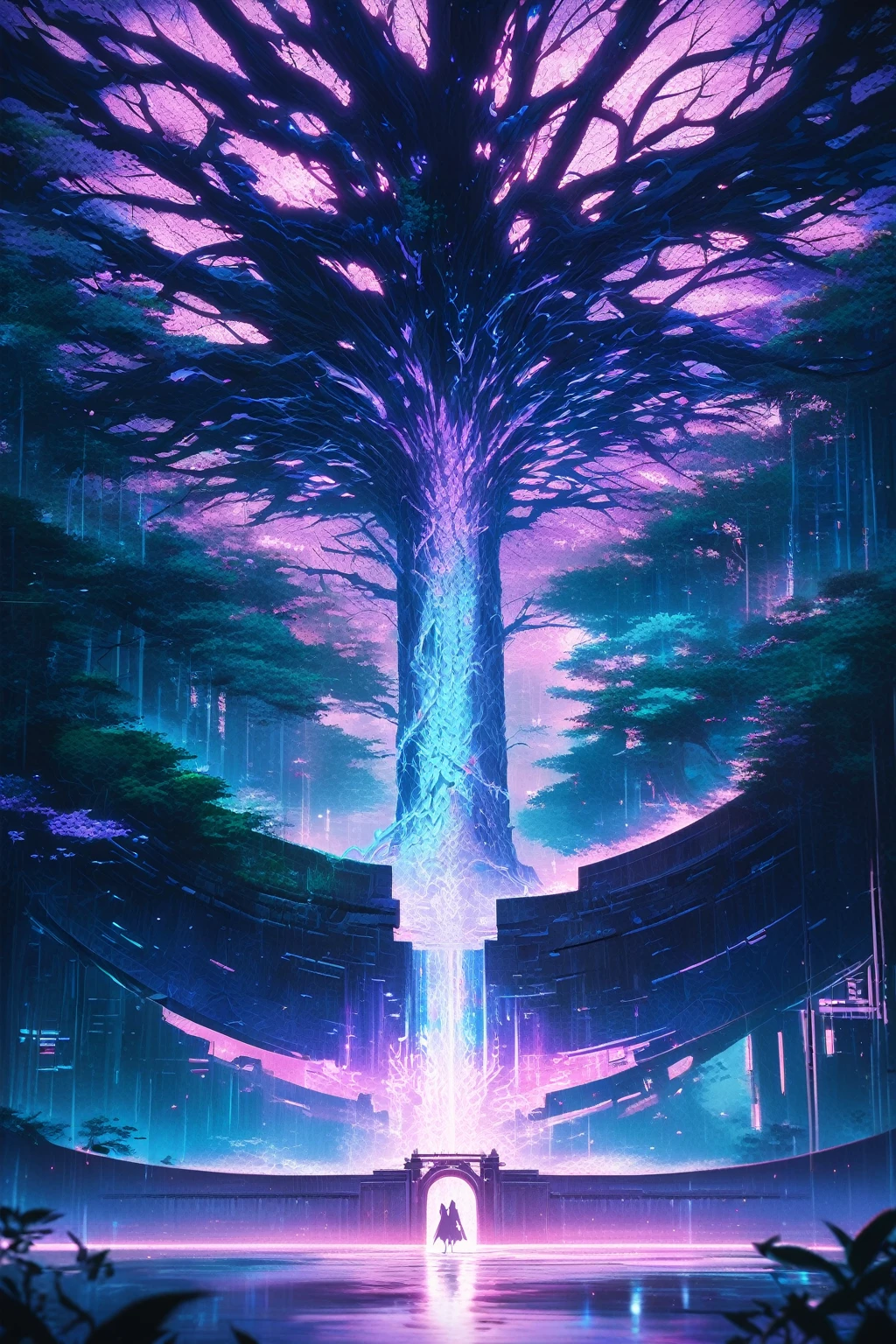 (Digital Artwork:1.3) of (Sketched:1.1) octane render of a
mysterious dense forest with a large (magical:1.2) gate
(portal:1.3) to the eternal kingdom, blade runner, intricate
(vine:1.2), massive tree in liquid metal, realistic digital
painting portrait, shot at 8k resolution, petrol liquid, pastel
color, splash art, blue and purple magic universe, light
engrave in intricate details, (light particle:1.2), (game
concept:1.3), (depth of field:1.3), global illumination,Highly
Detailed,Trending on ArtStation