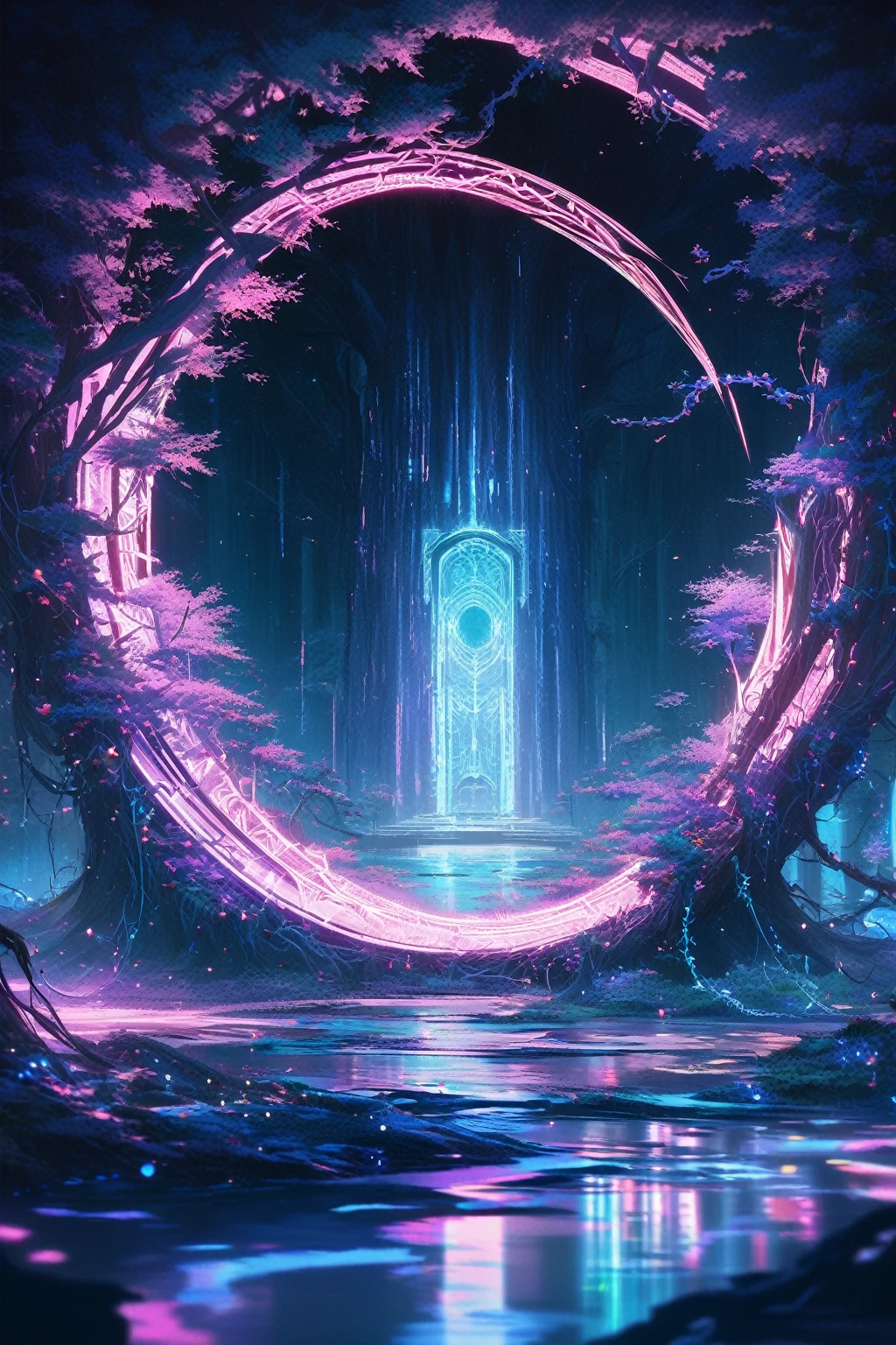 (Digital Artwork:1.3) of (Sketched:1.1) octane render of a
mysterious dense forest with a large (magical:1.2) gate
(portal:1.3) to the eternal kingdom, blade runner, intricate
(vine:1.2), massive tree in liquid metal, realistic digital
painting portrait, shot at 8k resolution, petrol liquid, pastel
color, splash art, blue and purple magic universe, light
engrave in intricate details, (light particle:1.2), (game
concept:1.3), (depth of field:1.3), global illumination,Highly
Detailed,Trending on ArtStation