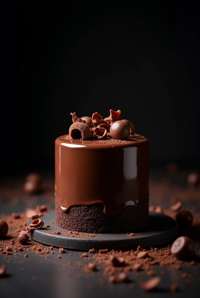 Create a highly detailed image of a bakery-style chocolate cake. The cake should be rich, moist, and covered in smooth, glossy chocolate ganache, with subtle decorative elements like chocolate shavings or curls on top. The background should be dark and elegant to highlight the cake, and there should be space in the image to overlay a price or text for advertising purposes. The overall presentation should be visually appealing and professional, making the cake look irresistible