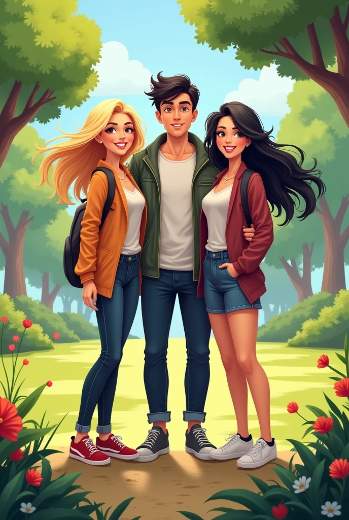 create image of three friends posing for a photo in a park in drawing two women and a man, A friend is black-haired, another blonde and the friend is a short, athletic, black-haired guy