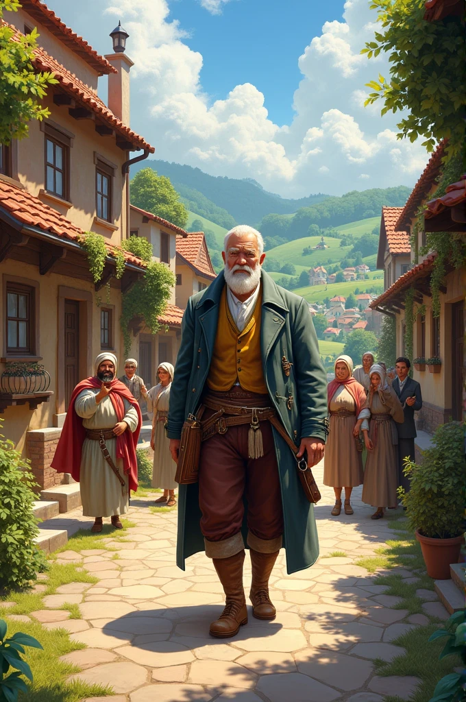 A tailor arriving in a village with streets paved with shiny stones, beautiful houses and abundant harvests