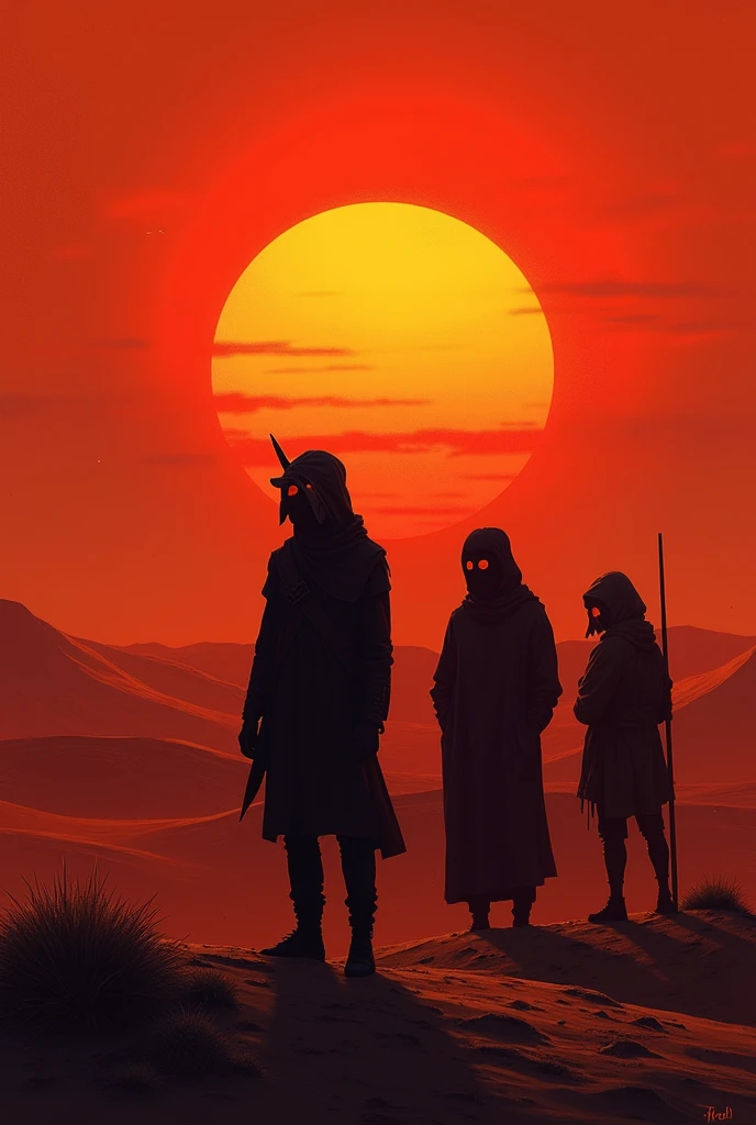 Désert couchet de soleil rouge avec des personnes masques
