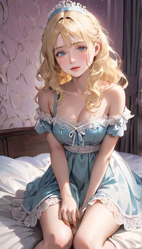 Cinema Lighting, so beautiful、Small face、Realistic professional photos of young people, Skinny white girl, (()), She has the face of a beautiful girl, Very detailed_pupil、Beautiful Eyes、Work as a maid, Lace front、She is wearing an elaborate off-the-shoulder short white dress..., (Long blonde wavy hair:1.5), Slim and feminine body, Appetizing appearance, Tight waist, barefoot, Velvety Skin, Shy and anxious, In a romantic bedroom, Sit on the edge of the bed,Showing off her panties、mini skirt、Not wearing a bra、The dust sparkles、Blushing、Open-chested maid outfit、See-through clothing