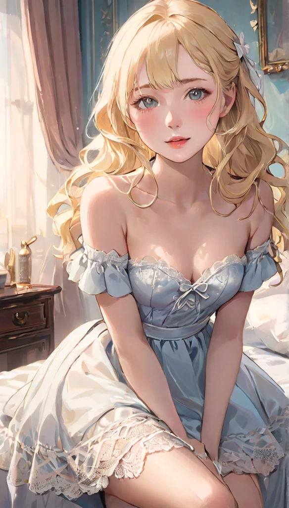 Cinema Lighting, so beautiful、Small face、Realistic professional photos of young people, Skinny white girl, (()), She has the face of a beautiful girl, Very detailed_pupil、Beautiful Eyes、Work as a maid, Lace front、She is wearing an elaborate off-the-shoulder short white dress..., (Long blonde wavy hair:1.5), Slim and feminine body, Appetizing appearance, Tight waist, barefoot, Velvety Skin, Shy and anxious, In a romantic bedroom, Sit on the edge of the bed,Showing off her panties、mini skirt、Not wearing a bra、The dust sparkles、Blushing、Open-chested maid outfit、See-through clothing