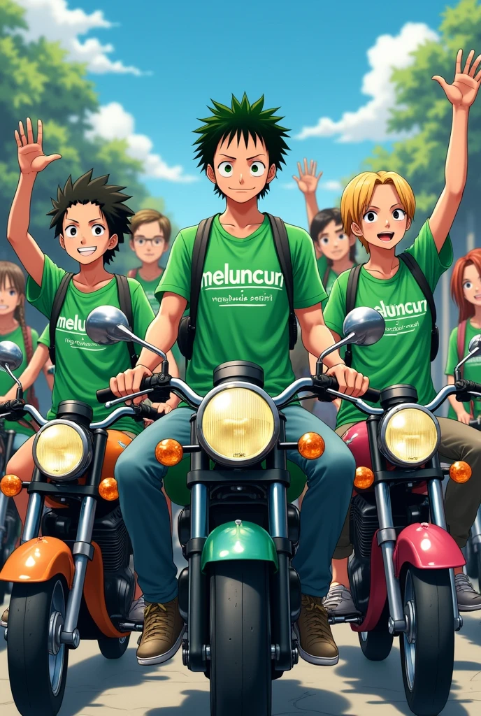Anime One Piece Zoro is joining the moped motorcycle group , the color of the group's shirt is green , on the front of all the clothes there is the word Meluncurr , Adidas clothing brand , all bring moped motorbikes , everyone raises their right hands forward , palms open as if sliding forward
