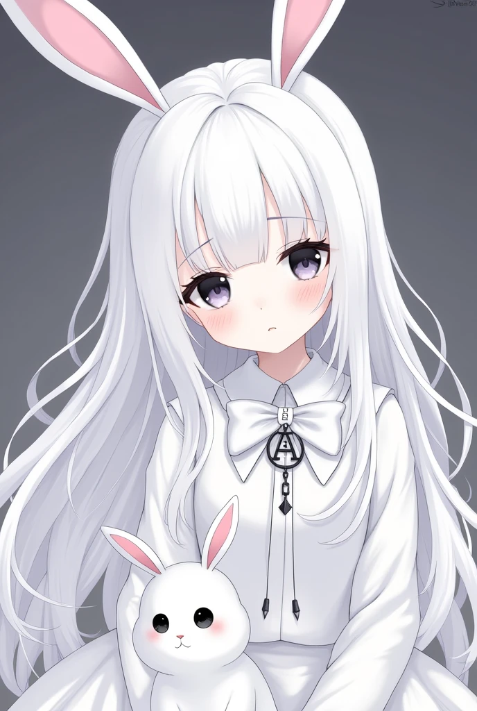 White female character with white hair and bangs and white bunny ears with pink and a face with big, black, sad eyes and a thin mouth and white clothes down and a white bow with a chain with the initials of the letter A and a white rabbit with black eyes