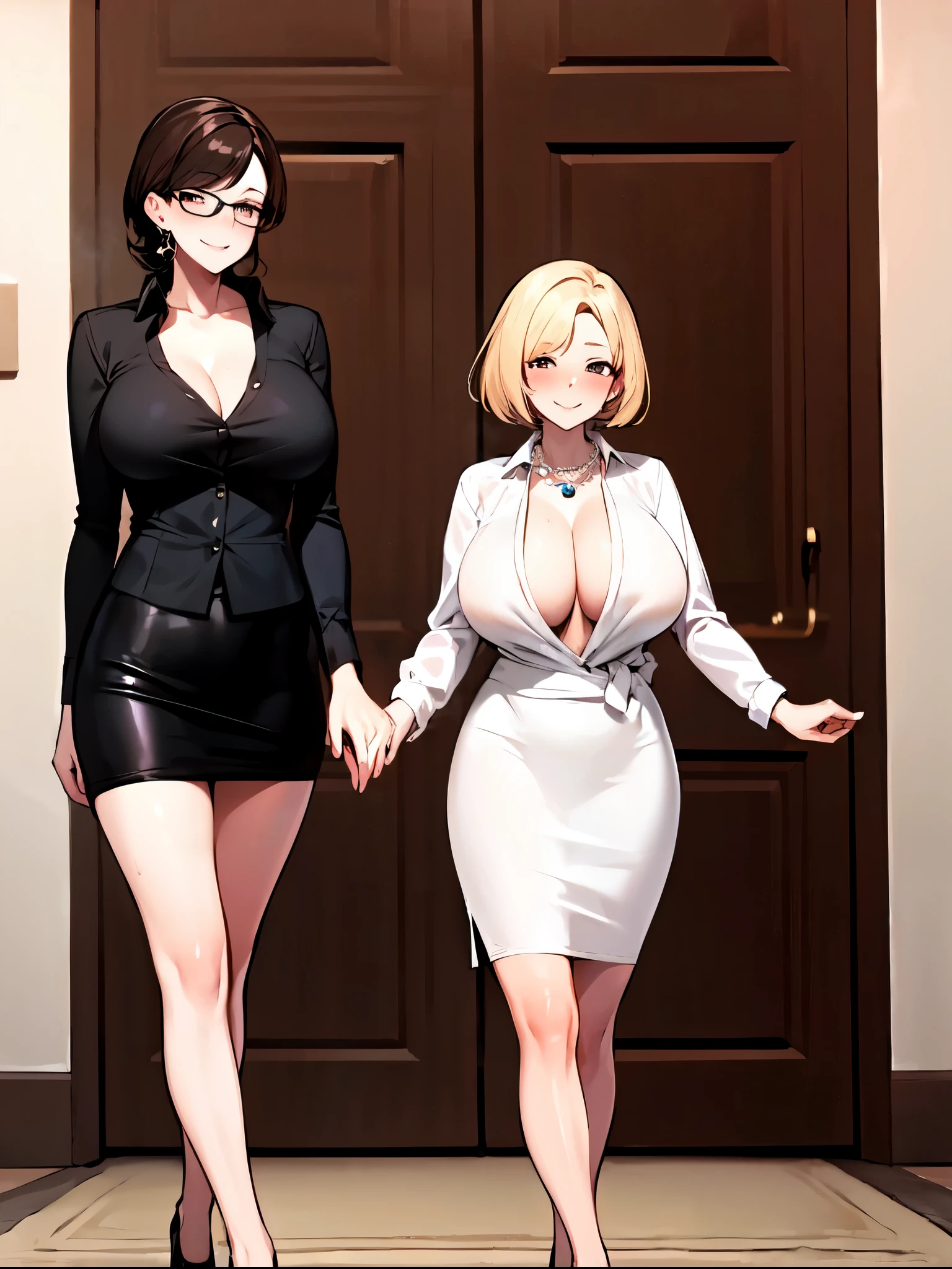 ((super high quality,Ultra-high resolution,16K,super masterpiece,Ultra HD ,Detailed shading)),Dark living room,Full body photo,Standing posture,((3Mature women:1.8,sexy mothers,Same costume for everyone)),Bust 90cm,Cleavage,(Naked shirt,popped Tight collar White shirts,Long sleeve,Black Pencil Skirt),Glasses,View here,blush,Ecstatic smile,Sweaty,Pearl Earrings,Pearl Necklace,Engagement Rings,