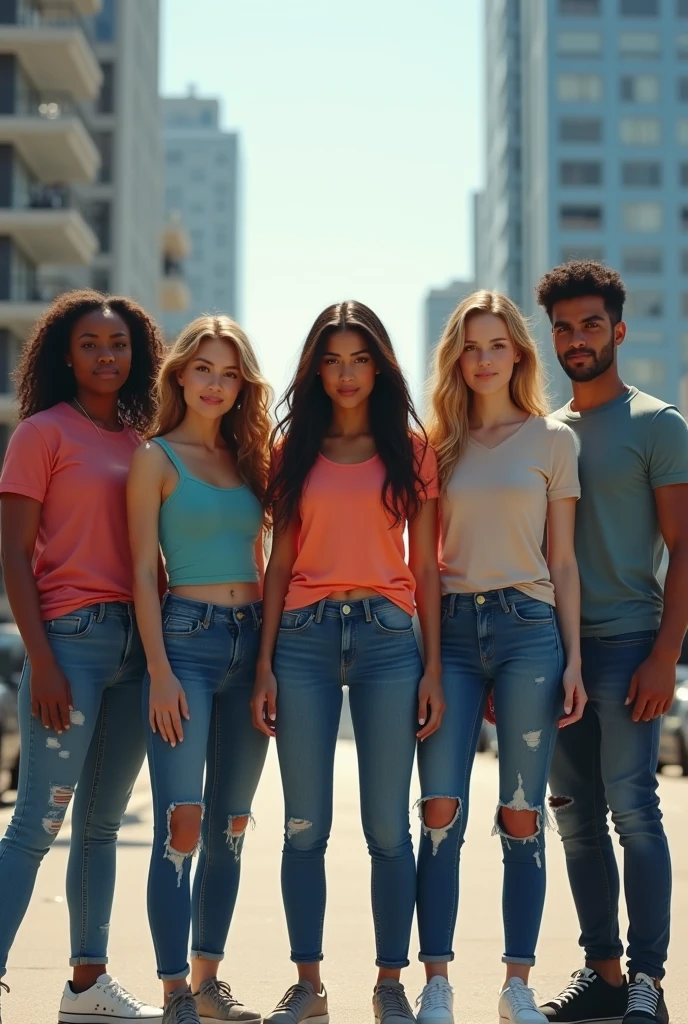 a team of 5 young 1 superheroes, composed of 2 women and 3 men, wearing casual clothes