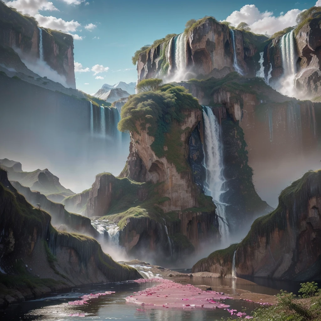 extremely high-resolution details, photographic, realism pushed to extreme, incredibly lifelike, highest quality, masterpiece, (unRealistic, photoRealistic), Dreamy and imaginary landscapes , epic scenes,very bright day , (Fantasy, Unsurreal landscapes, Super detailed, (Flying futuristic steel Castles , Floating Islands in the Sky) , Intense lightning, ,very huge waves in the Lake,the sky reflected on the lake surface, Reflections , (((roses and orchids gardens , bright day light, pink and blue clouds, waterfalls in the sky, realistic style))), Hyperrealistic drawing , burning futuristic skyscrapers, ,timeless realms, very huge crazy waves with silver surface reflections, sharp focus, (close-up), (bright tones ), (deep blue tone),((( realistic, Hyperrealism, vivid colours , landscapes , alien nature , ((science fiction themes)), ((mountains and abyss)) , ((water resources and waterfalls)) , brilliant images , dramatic, highly detailed