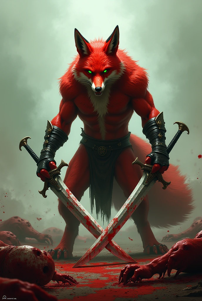 A red fox covered in blood with green eyes stands on a field where there are many corpses, with two swords in his hands