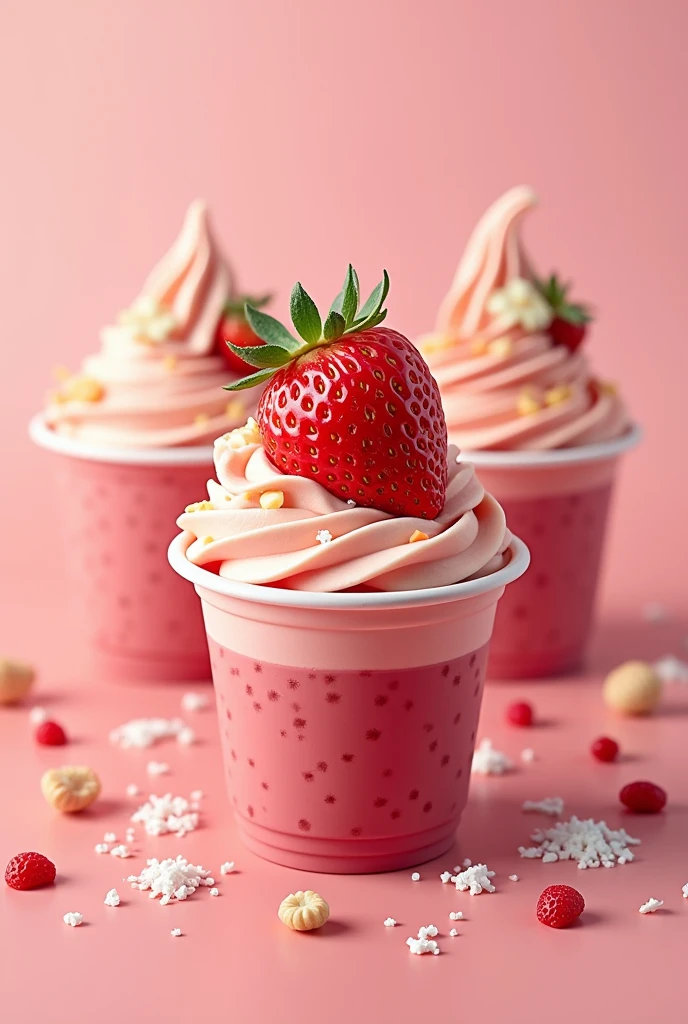 Logo with the name of creamy strawberries in English,of strawberries with cream in plastic cups where you can see the strawberry in the middle with the cream sticking out a little with different toppings