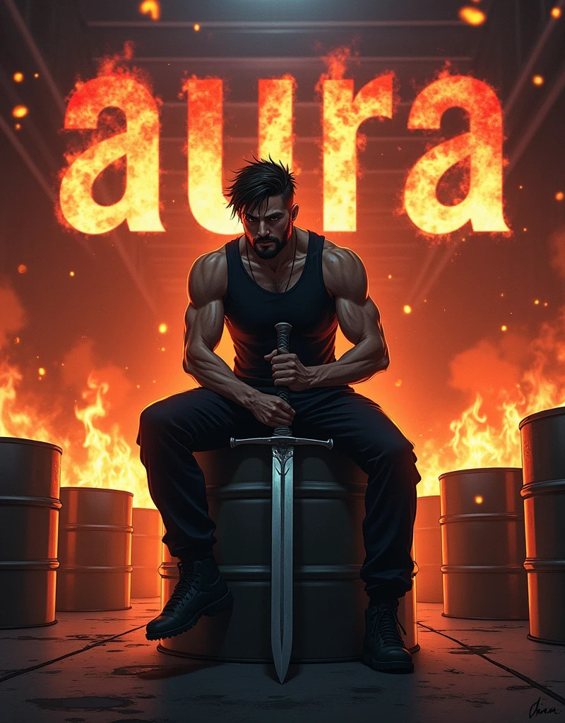 CREATE A ANIME STYLE LANDSCAPE POSTER IMAGE. Dramatic and intense digital anime artwork featuring a 23 year man with a rugged appearance, sitting on a large metal barrel in a warehouse-like setting. The man has a beard, short dark hair, and is wearing a black sleeveless shirt and dark pants. He holds a large sword with its tip resting on the ground. The background is large capital text "(AURA)". And engulfed in flames, with fire and smoke creating a chaotic atmosphere. Several other barrels are scattered around, some partially obscured by the fire. The overall color palette is dominated by fiery oranges, reds, and dark shadows, enhancing the sense of danger and intensity.