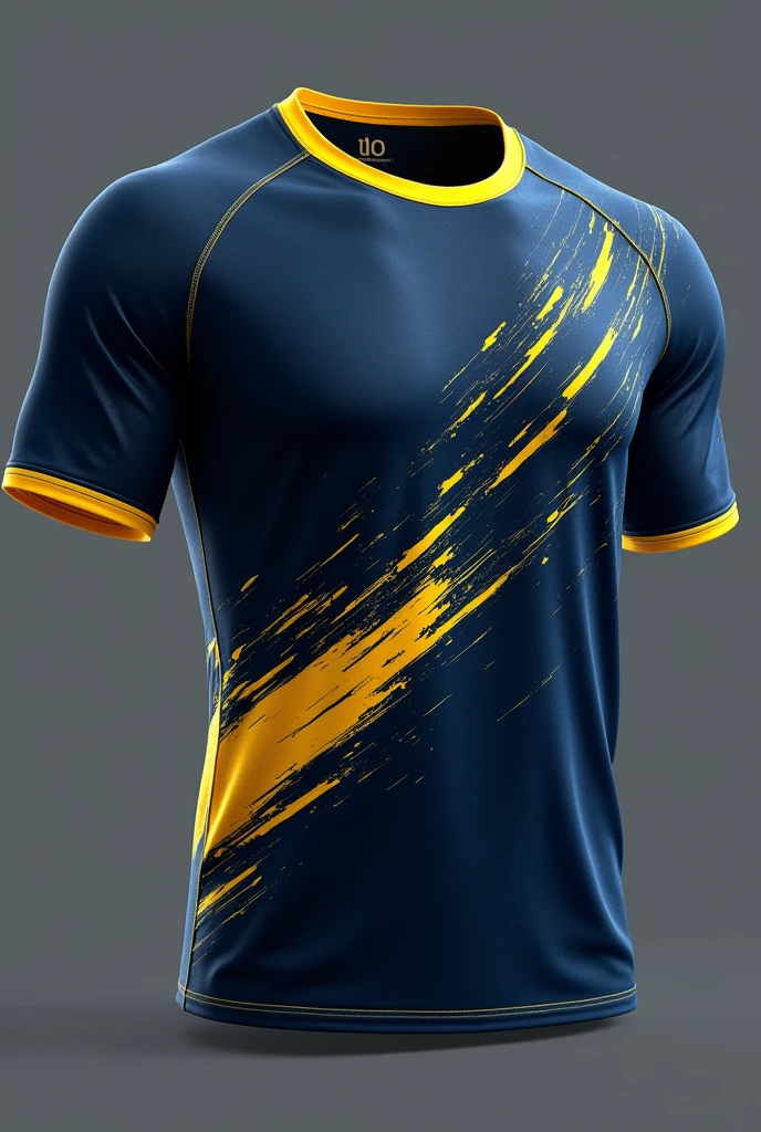 A sports t-shirt with a dynamic and striking design. The shirt has a deep navy blue base with an abstract swirl pattern covering the entire surface., giving a sense of movement, with a bright yellow outline, is positioned at the bottom left, symbolizing energy and determination. The collar and sleeve edges are highlighted with a contrasting yellow, adding vibrancy to the design. A small gray section around the collar breaks up the dark color scheme., providing balance to the overall look. The back shirtWith the number ten and gold details