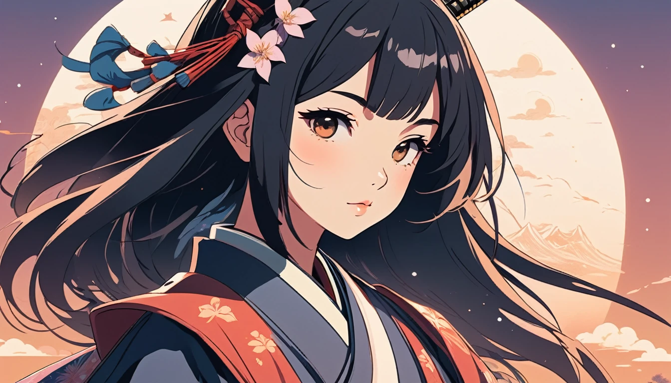 Female samurai、Wide-angle lens, Lofi Anime, Lofi illustration, Aesthetic atmosphere, Lo-Fi Style, Vector art, Flat Design, Simple shape, Warm tones, Pleasant atmosphere, Chill, In anime style, Digital drawing, Vector art, Vector logo for t-shirt printing, (Adorable:1.5), (small:1.4), (Playful:1.2), (soft:1.3), (Whimsical:1.1), masterpiece, Highest quality, 8k, Intricate details, grow, Celestial, Mysterious, Picturesque, amazing, Majestic, Magic, Fantasy art, Cover art, dream-like
