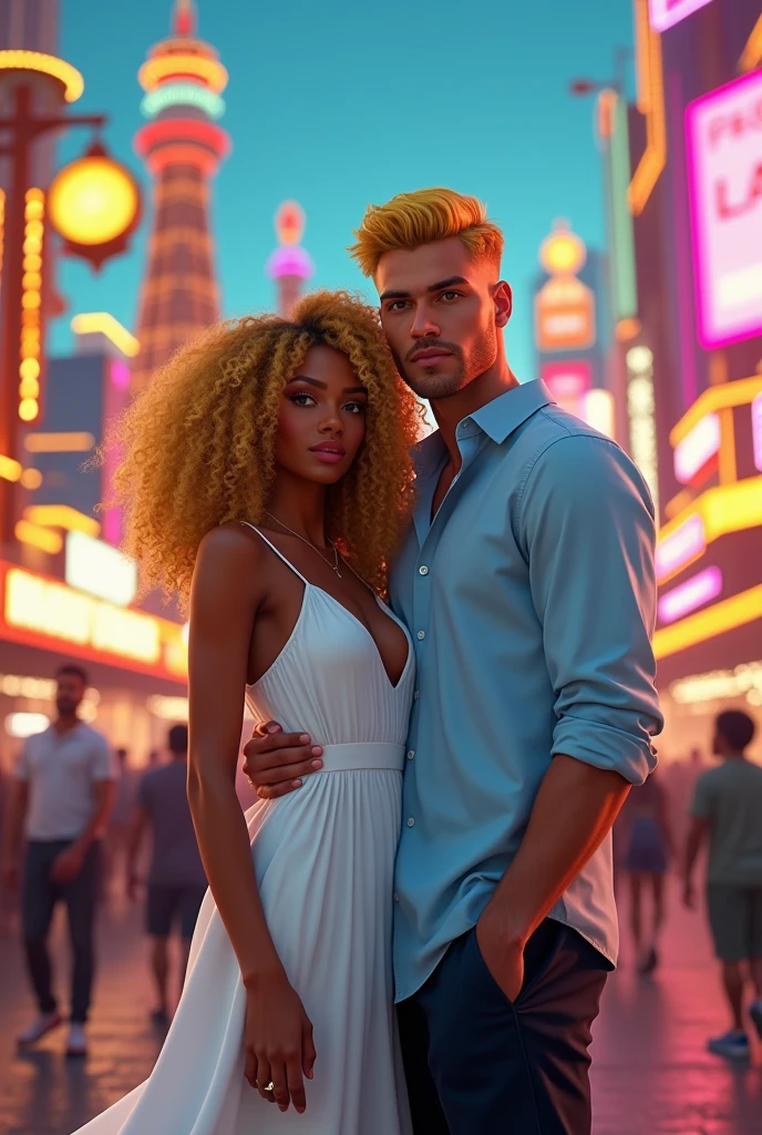 Create a couple, the woman will be dark-colored, the hair will be curly, the color yellow, with a white dress, the man will have yellow hair, the shirt will be light blue, the pants will be black, they are in Las Vegas, the man will be black, too, very realistic. It shows every detail of Las Vegas.
