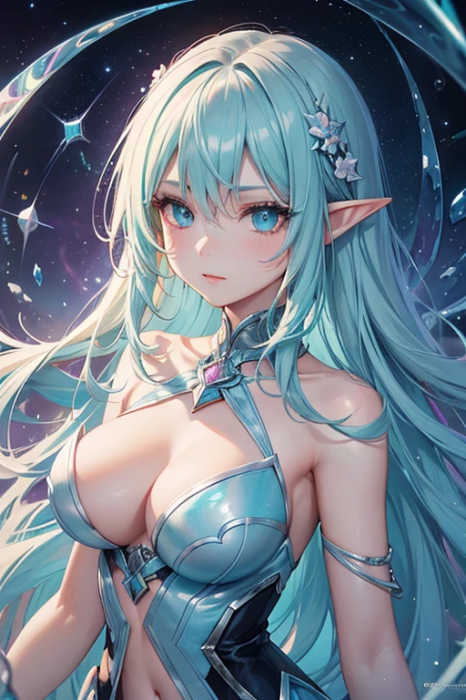 conceptual installation art, (ultra detailed, absolutely resolution, best quality:1.3), 2.5D, fantasy world that combines flower-punk and gem-punk, beauty elf, blonde silky straight hair with blunt bang, (attractive and seductive) and (amorous and lewd) expression, blue big eyes, glamorous proportions, wearing white knight commander costume with a large opening at the chest, background iridescent Tiffany Blue, distorted space from another dimension, delicate and dynamic effects, foggy filter effects, iridescent glitter effects, artistic, hyper, graphic CG digital fantasy art, portrait
