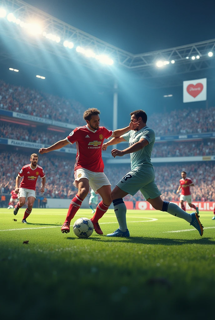Football stadium, with many followers, with players on the field playing, and a player fouling the opposing player