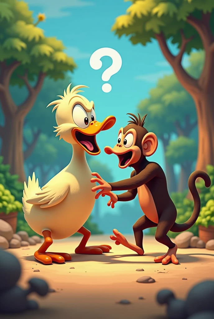 Duck beating up a monkey in cartoon