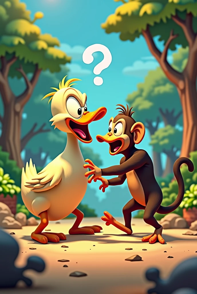 Duck beating up a monkey in cartoon