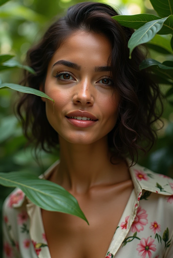 A Brazilian woman in a lush tropical garden, wearing an open shirt with a floral print, with a close-up capturing the harmonious beauty between her breasts and the natural flowers, showing off your natural charm and outgoing personality.