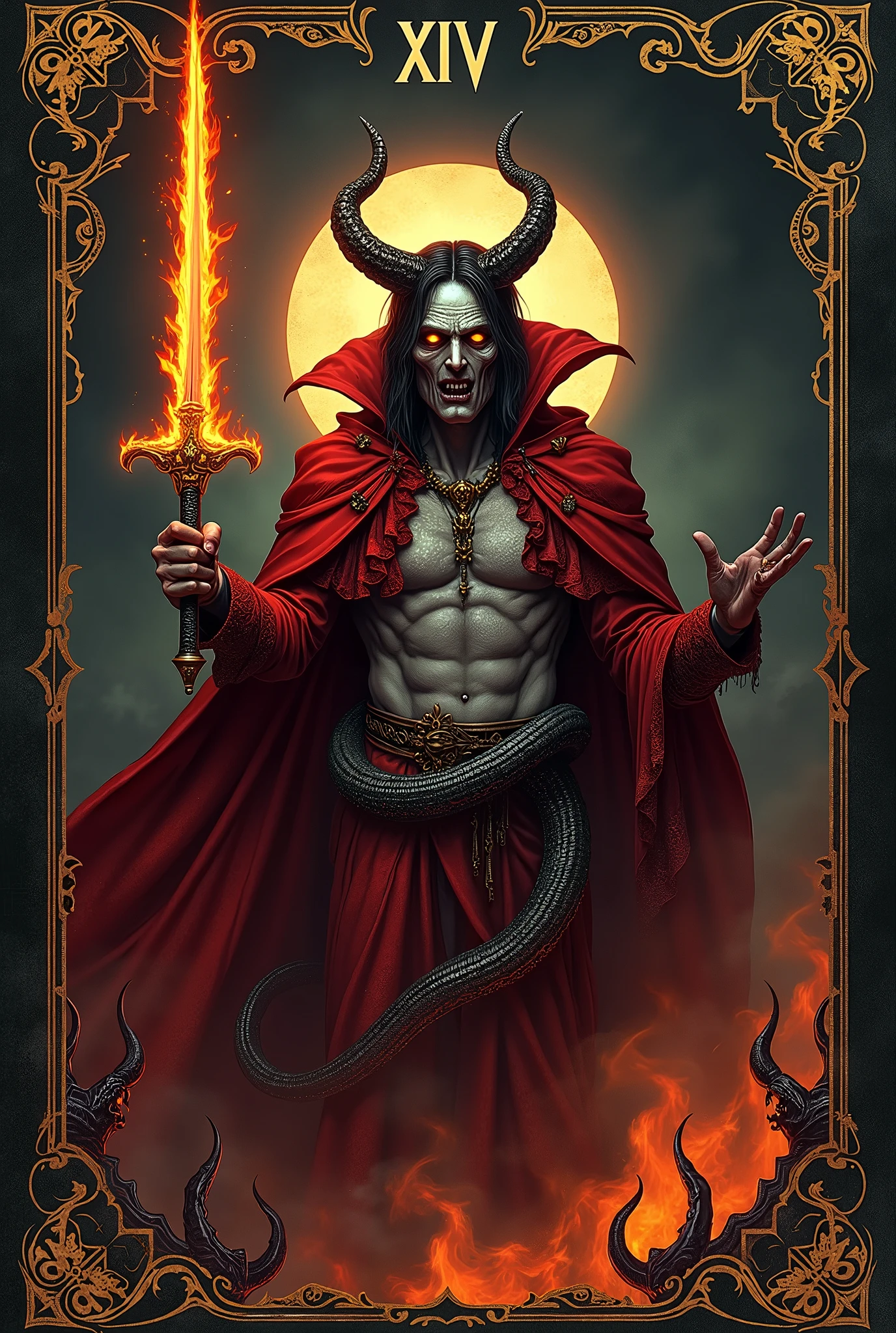 A close-up of a tarot card, the "Dark Prince of Hell," flawlessly rendered with a macabre elegance that seems to emanate an eerie glow from within. The card itself is aged and tattered at the edges, suggesting it has seen centuries of use by those seeking to commune with the malevolent forces it represents. At the center, Satan is depicted in a grotesque yet regal manner, his horns spiraling upwards like twisted branches reaching for the dark sky above. His eyes are piercing and deep, filled with a fiery intensity that seems to burn through the very fabric of the card. His skin is a ghastly pallor, a stark contrast to the crimson robes that drape his muscular frame, adorned with intricate patterns that swirl like rivers of blood. In one hand, he clutches a flaming sword, a symbol of his power over the damned souls that lurk in the shadowy abyss surrounding him. The other hand is raised in a beckoning gesture, inviting the viewer to draw near and submit to his will. The background is an abyss of swirling darkness, a chaotic maelstrom of shadows and flames that stretch into infinity, giving a sense of the vast and terrifying realm he presides over. The number "XIV" is inscribed in glowing embers at the top, denoting the card's significance in the major arcana. The corners are embellished with gothic scrollwork, the edges singed by the flames that seem to dance around the borders, hinting at the card's volatile nature. Every detail, from the meticulously painted scales of the snake coiled around Satan's waist to the intricate claws of the demonic creatures that skulk in the shadows, is steeped in a foreboding atmosphere that leaves the viewer with a chilling sense of the impending doom and temptation that this card embodies.