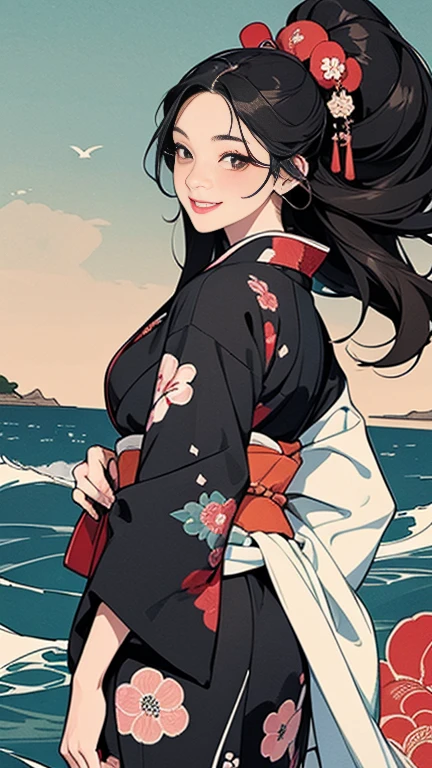 A beautiful woman smiles and shows her upper white teeth、Vividly colored Japanese Ukiyo-e style illustrations、(SeaArt creates stunning illustrations of beautiful women in kimono)、Brown-black long hair、Beautiful full body style、Let&#39;s dance a little Tokyo Ondo Yoiyoi、Beautiful digital painting,、Bright vibrant digital anime art、 Detailed digital anime art、 Beautiful anime portraits、background、Torii gate of a shrine in Kyoto, Japan、Detailed CG、