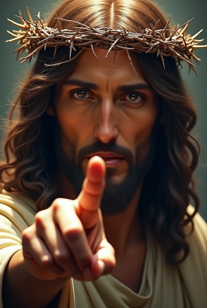 very beautiful face of Jesus with the crown of thorns pointing with his index finger at me below his face

