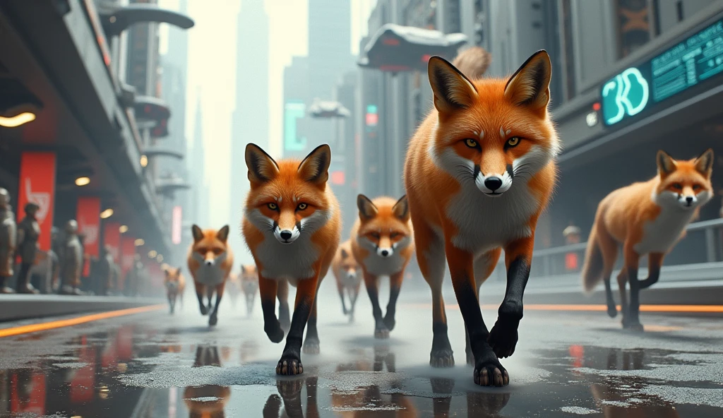 foxes advancing with determination in an urban or futuristic setting