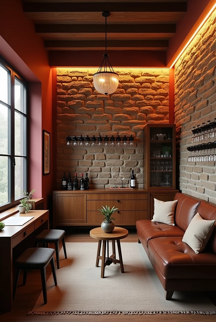 Room with a natural moledo stone back wall and the other walls in marsala red with warm LED strip light on the ceiling and wall illuminating the stone wall. On the back wall there is a wooden sideboard and next to it a glass cabinet with glasses inside.. And there are 12 hooks on the stone wall displaying wines. It has a glass window and a wooden office desk on the left wall., a brown leather sofa on the right wall and a small coffee table in the middle of the room. On the ceiling there is a small industrial chandelier with warm light.
