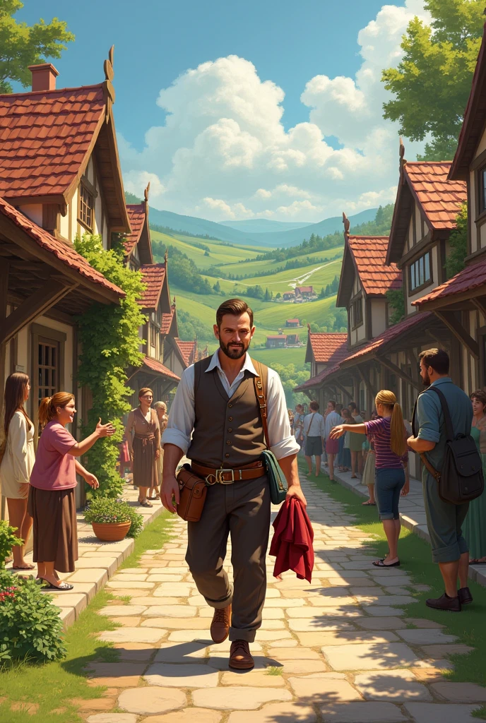 A tailor arriving in a village with streets paved with shiny stones, beautiful houses and abundant harvests 