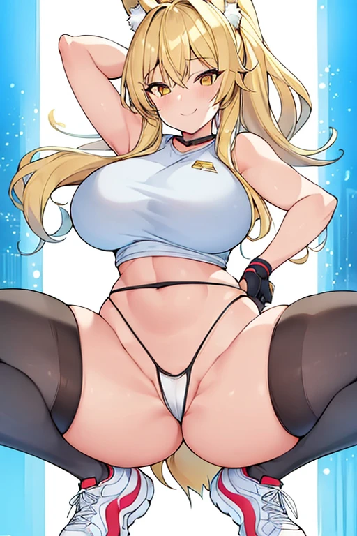 1girl, blonde hair, ponytail, large breasts, thick thighs, spread legs, yellow eyes, squatting, sportswear, toned, mature female, smile, light smile, wolf ears, wolf tail, black thighhighs, shoes, sneakers, panties, highleg panties, micro panties, black thighhighs, gloves,