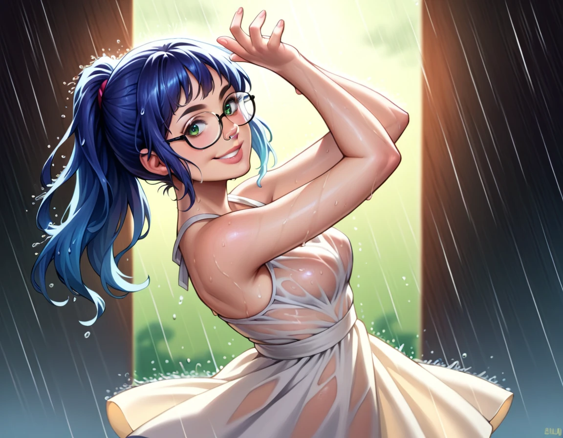 1girl, masterpiece, ((skinny girl, skinny arms)), ((dark eyeliner)), best quality, realistic face, black and blue hair with bangs and ponytail, large glasses, , , , green eyes, nose ring, chubby cheeks, long nose, low nose, high lips, dark eyebrows, ((trad blue and grey sundress)) thunderstorm background, ((raining)), ((golden hour lighting)), back porch background, dancing pose, big smile, w3t
wet top, wet hair