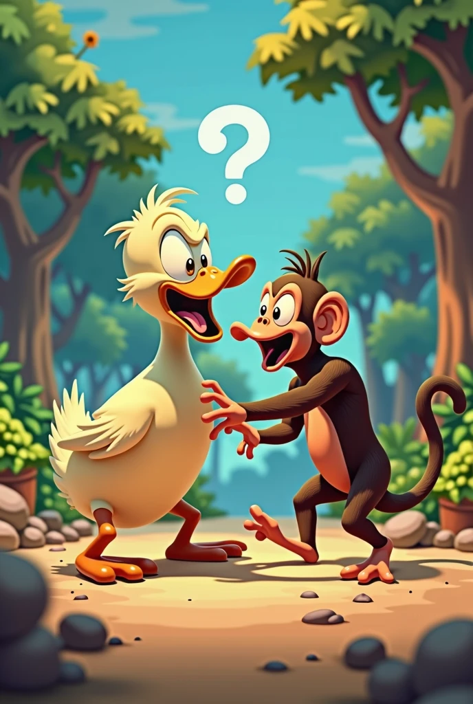 Duck beating up a monkey in cartoon
