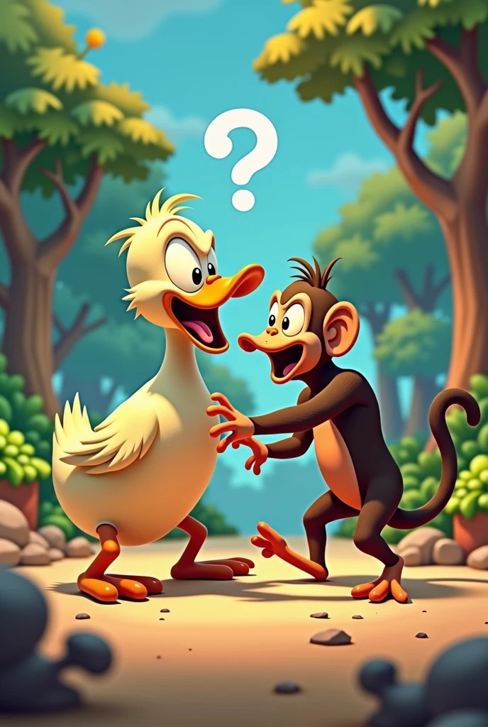 Duck beating up a monkey in cartoon