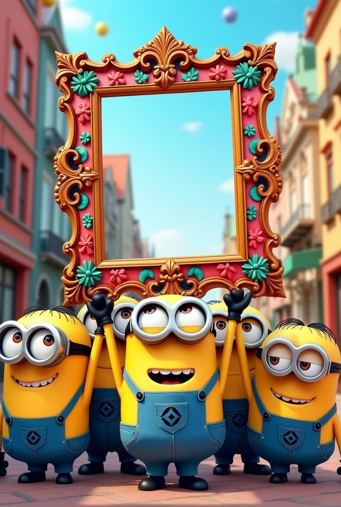 Minions holding a colorful picture frame