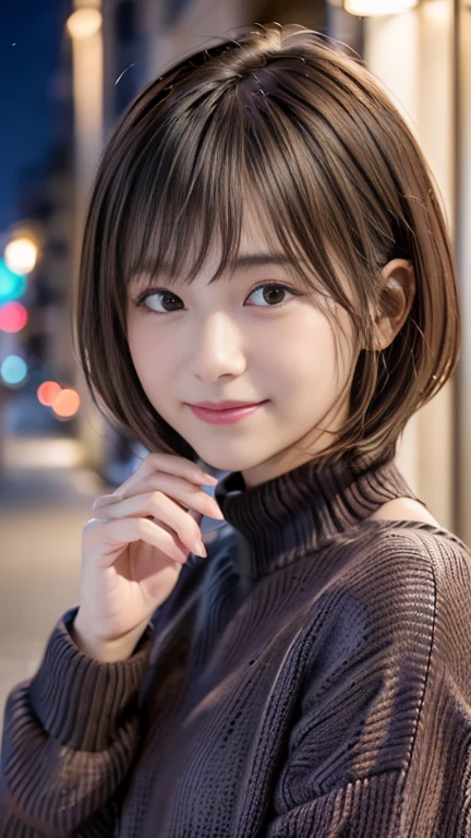 One Japanese idol, (Realistic, Highest quality), (Realistic, Photorealistic:1.4), short hair, Must-Bring, Very elegant and beautiful, Very detailed, 8k wallpaper, Amazing, Very detailed CG Unity, High resolution, Soft Light, Beautiful details, Age 23, Very detailed目と顔, Beautifully detailed nose, Beautiful attention to detail, Cinema Lighting, City lights at night, Perfect Anatomy, Narrow Face, Slender body, (smile), (Loose and fluffy hair, Asymmetrical bangs, Light brown hair), (Black sweater:1.4), sheer、blush、Hot Spring Town、soup smoke、Touch your hair with your hands、Off the shoulder
