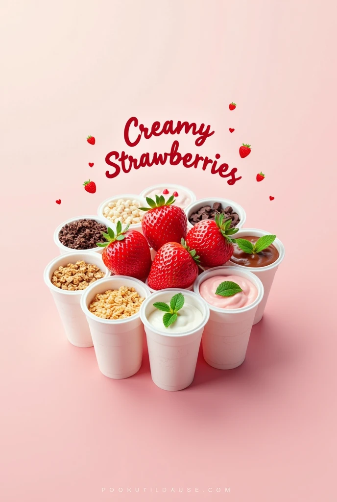 Logo of a strawberries and cream company with the company name saying creamy strawberries in English with plastic cups with different toppings