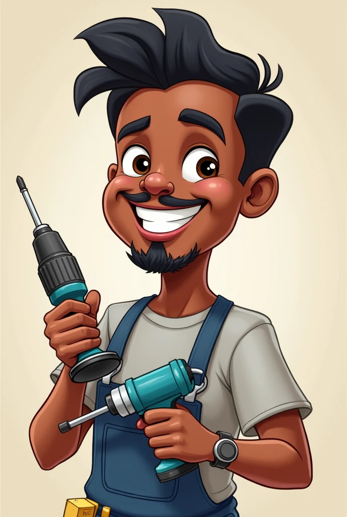 Dark-skinned man with a goatee smiling, neat black hair, light gray t-shirt with a drill in his hand, screwdriver in his hand and blue pencil in his ear, cartoon