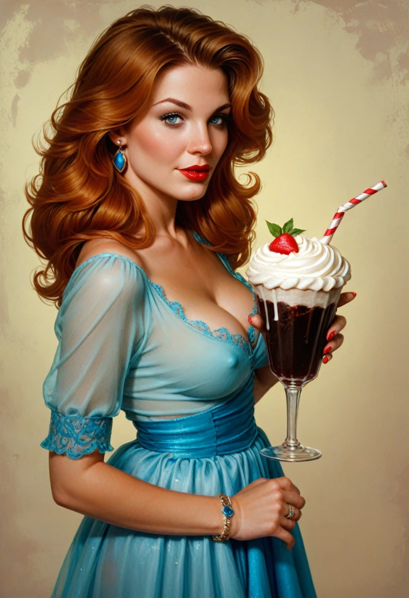 Young girl, 40s fashion appearance, in style of digital illustration, pinup art, lois van rossdraws, artstyle : ilya kuvshinov, deviantart artstation cgscosiety, stunning digital illustration, soda themed girl, beautiful retro art, jen bartel, milkshake, matte digital illustration, glossy digital painting, ((curvy body))