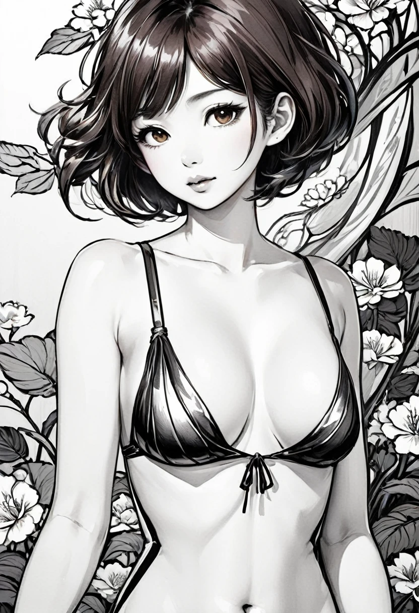 As a coloring book, white and black color, borders should be simple, clear, distinct, and thick lines, By Cartoon picture book of a beautiful Asian girl with short brown hair, A girl traditional ink body art style, (Use simple lines to outline a woman’s graceful figure), Take a step back, undulating lines, Thick and thin lines, line art, Black and white painting, character drawing, line art, lyrical abstraction
