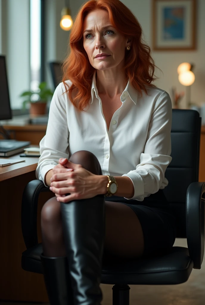 Julianne Moore,legs,black tights , black long boots, Old Skin, is sitting , super realism, White shirt, black short skirt, is sitting в офисе,