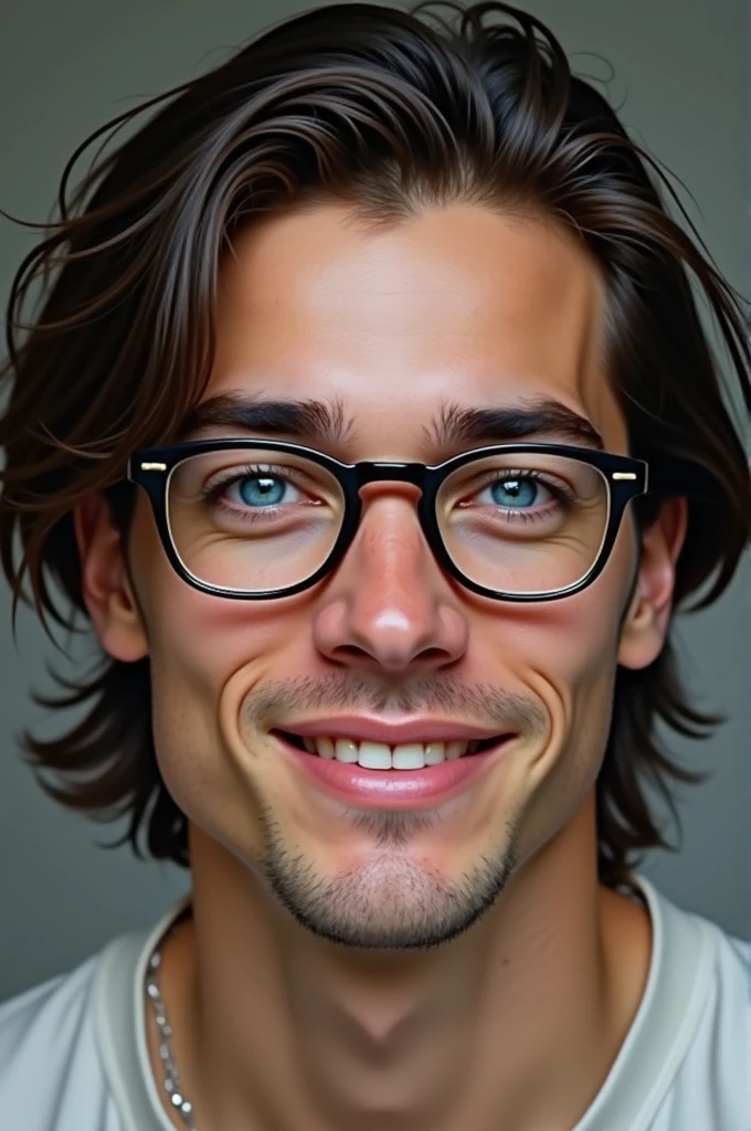 Man with the following characteristics: Eye color: Blue Eyebrows: Natural and expressive lips: Soft and natural pink eyelashes: Long and subtle teeth: White and uniform Moles or freckles: On the nose Hair: long, 
(without beard and with glasses) 